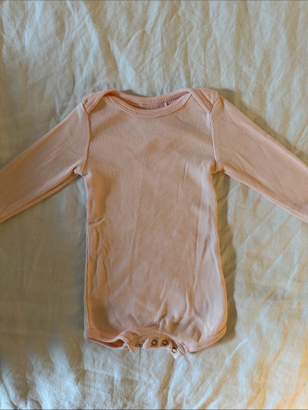 Long-Sleeve Ribbed Baby One-Piece in Light Peach